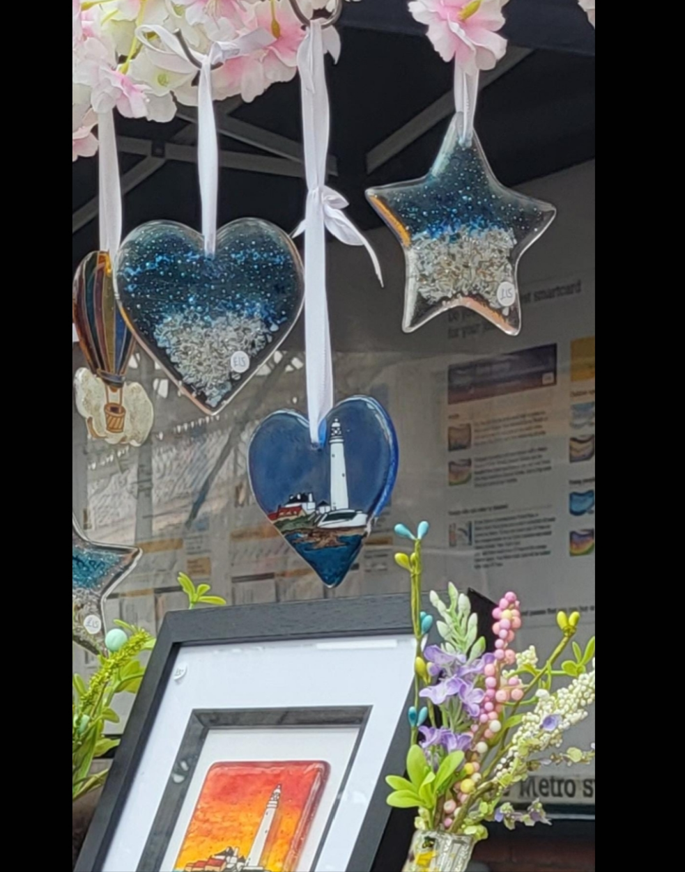 Fused Glass St Mary's Lighthouse, Whitley Bay Heart Suncatcher