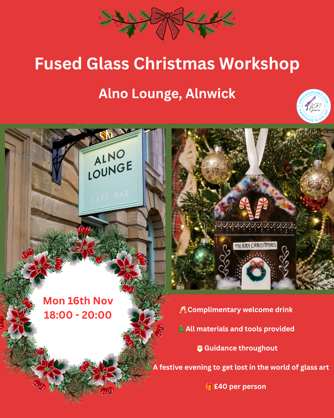 Christmas Fused Glass Workshop Experience @ Alno Lounge, Alnwick, Monday 16th November - 18:00 - 20:00