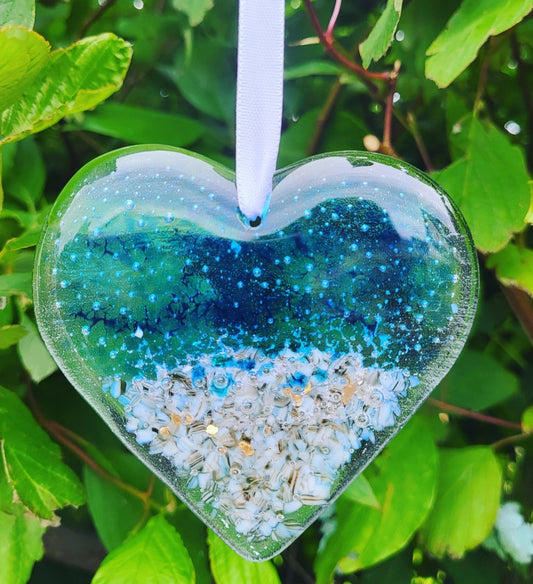 Fused Glass Beach Heart Suncatcher. Infused with sand from Whitley Bay Beach