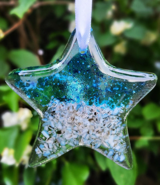 Fused Glass Beach Star Suncatcher. Infused with sand from Whitley Bay Beach