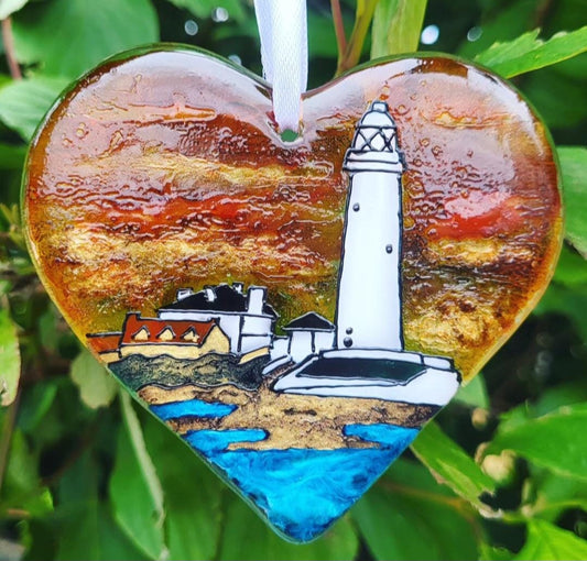 Fused Glass St Mary's Lighthouse, Whitley Bay at Sunrise Heart Suncatcher