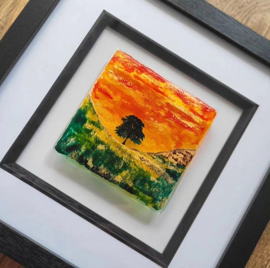 Framed painting of Sycamore Gap at Sunset on Fused Glass